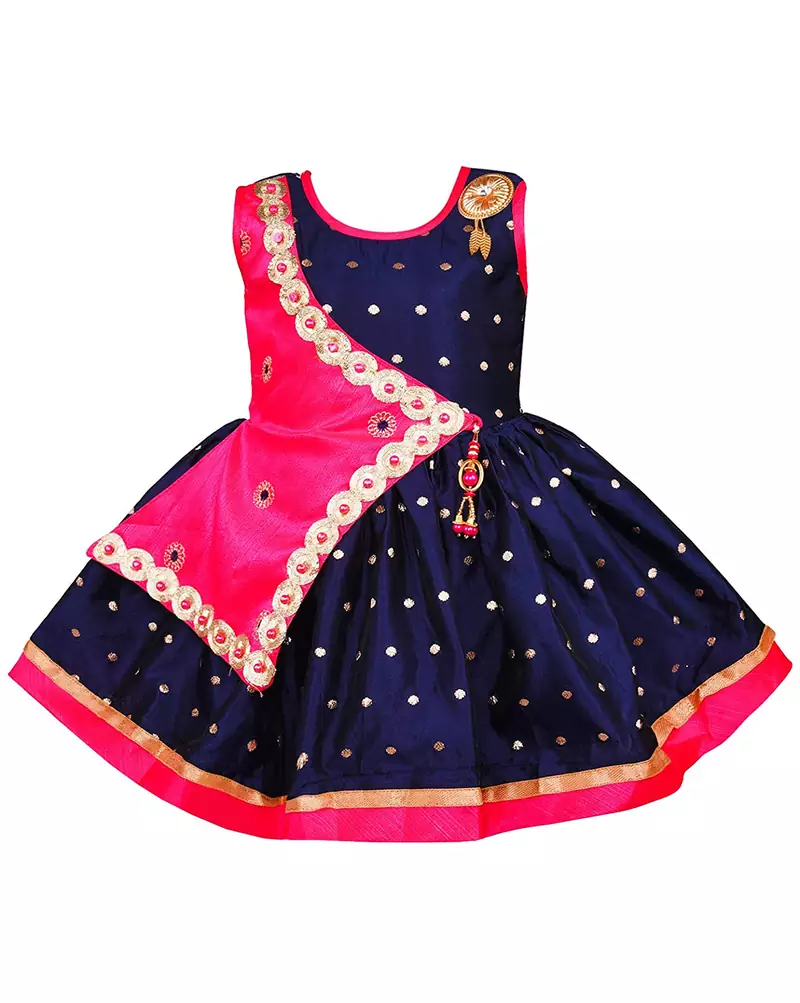 Pink printed silk kids-frocks