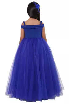 Blue plain satin kids-frocks