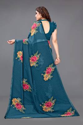 Turquoise printed georgette saree with blouse 5