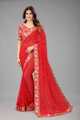 Red embroidered georgette saree with blouse 1