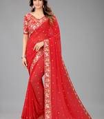 Red embroidered georgette saree with blouse
