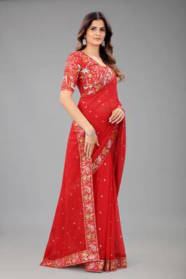 Red embroidered georgette saree with blouse 2