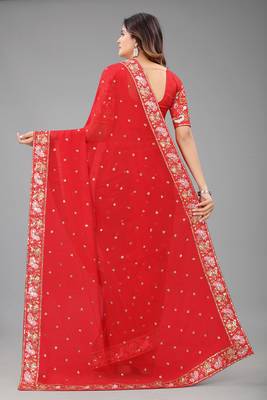 Red embroidered georgette saree with blouse 3