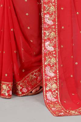 Red embroidered georgette saree with blouse 4