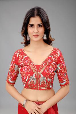 Red embroidered georgette saree with blouse 5