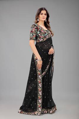 Black embroidered georgette saree with blouse 2