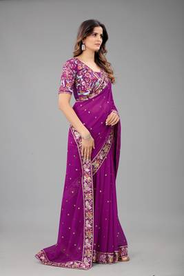 Purple embroidered georgette saree with blouse 2