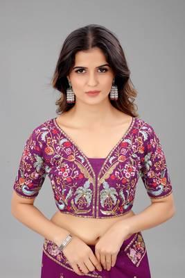 Purple embroidered georgette saree with blouse 5