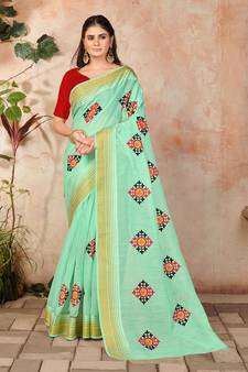 Green embroidered cotton saree with blouse
