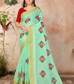 Green embroidered cotton saree with blouse