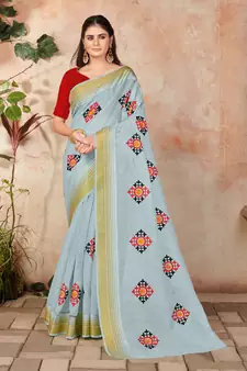 Grey embroidered cotton saree with blouse