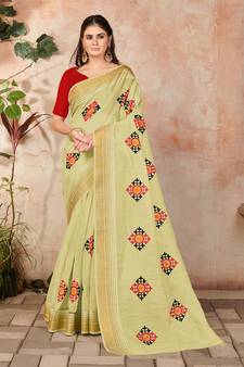 Yellow embroidered cotton saree with blouse