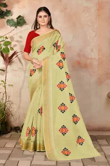 Yellow embroidered cotton saree with blouse