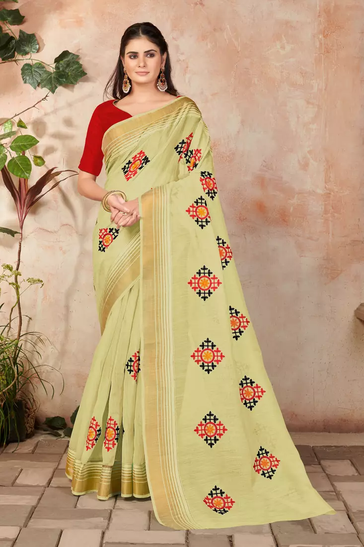Yellow embroidered cotton saree with blouse