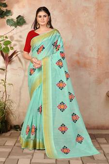 Blue embroidered cotton saree with blouse