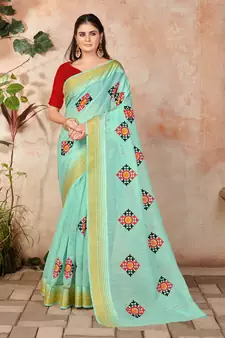 Blue embroidered cotton saree with blouse