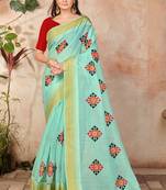Blue embroidered cotton saree with blouse