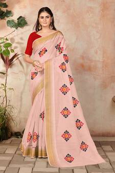 Peach embroidered cotton saree with blouse