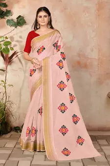 Peach embroidered cotton saree with blouse