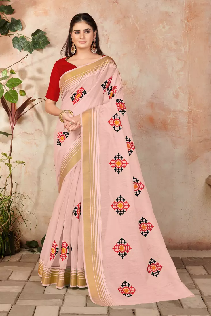 Peach embroidered cotton saree with blouse