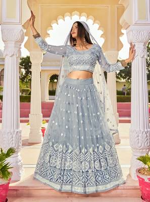 Grey embroidered net semi stitched lehenga 1