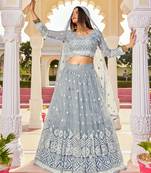 Grey embroidered net semi stitched lehenga