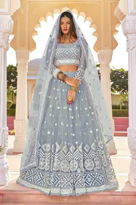 Grey embroidered net semi stitched lehenga 4