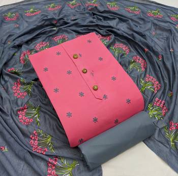 Pink Cotton Embriodered Unstiched Dress Materials With Bottom and Dupatta. 1