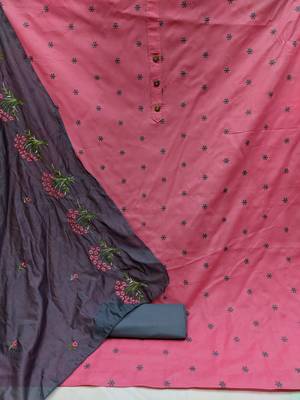 Pink Cotton Embriodered Unstiched Dress Materials With Bottom and Dupatta. 2