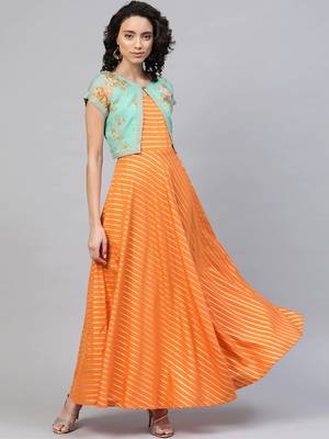 Ahalyaa Orange & Sea Green Striped Maxi Dress with Ethnic Jacket 1