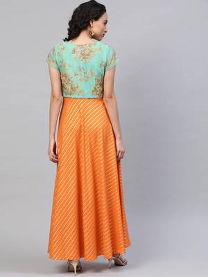 Ahalyaa Orange & Sea Green Striped Maxi Dress with Ethnic Jacket 2