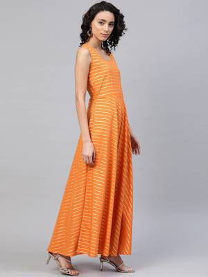 Ahalyaa Orange & Sea Green Striped Maxi Dress with Ethnic Jacket 3