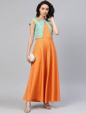 Ahalyaa Orange & Sea Green Striped Maxi Dress with Ethnic Jacket 4