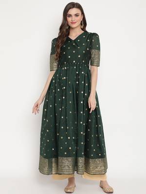 Ahalyaa Women Green Polka Dot Printed Chanderi Silk A-Line Kurta 1