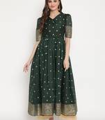 Ahalyaa Women Green Polka Dot Printed Chanderi Silk A-Line Kurta