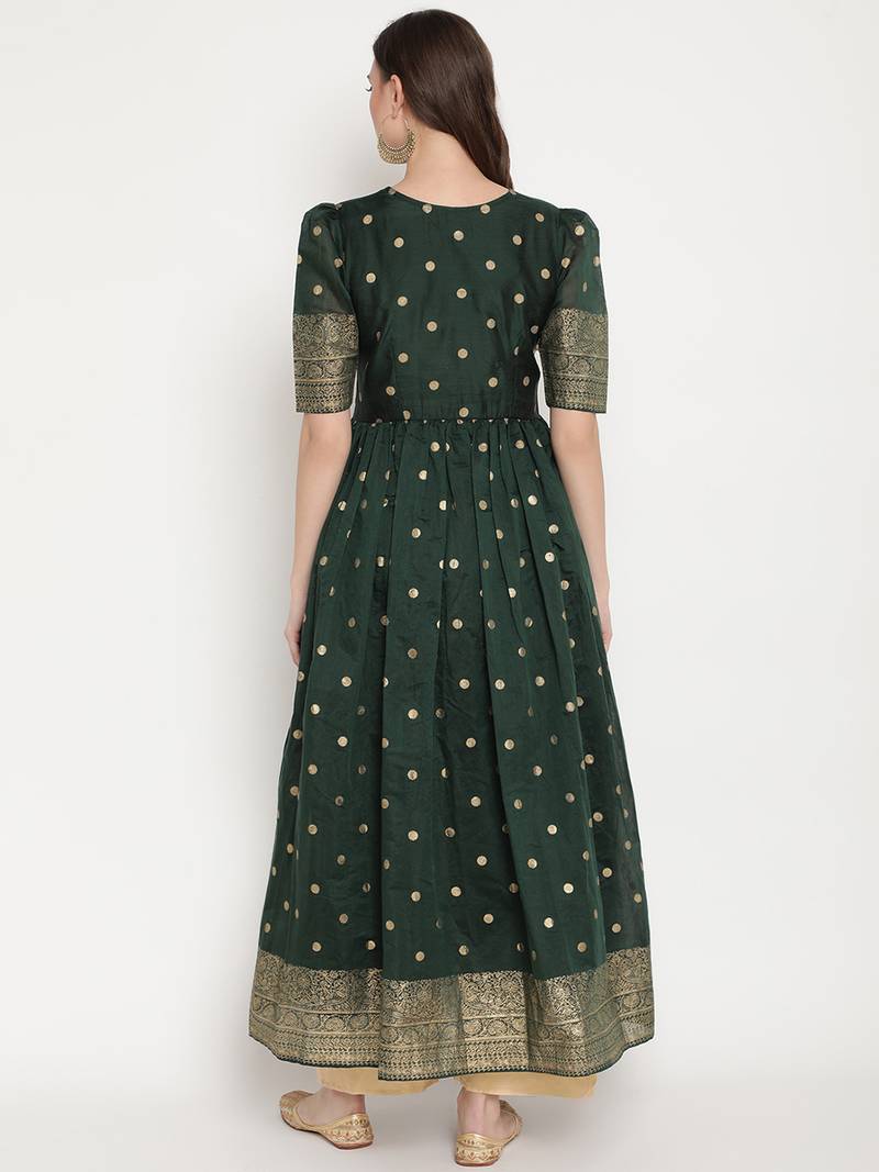 Ahalyaa Women Green Polka Dot Printed Chanderi Silk A-Line Kurta