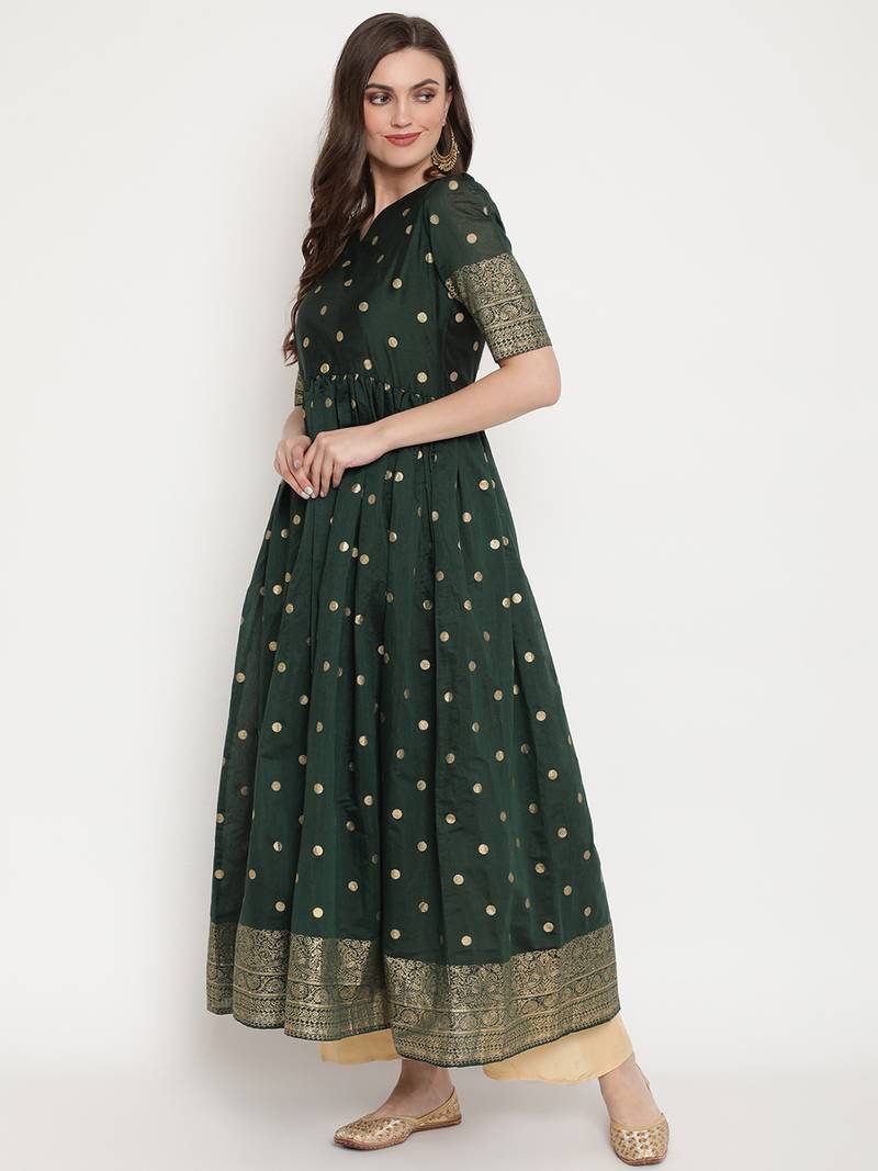 Ahalyaa Women Green Polka Dot Printed Chanderi Silk A-Line Kurta