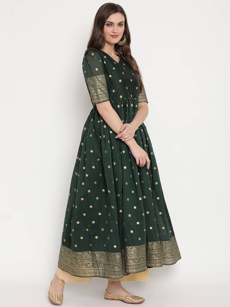 Ahalyaa Women Green Polka Dot Printed Chanderi Silk A-Line Kurta