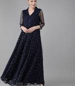 Ahalyaa Navy Blue & Silver Toned Polka Dots Printed Maxi Dress