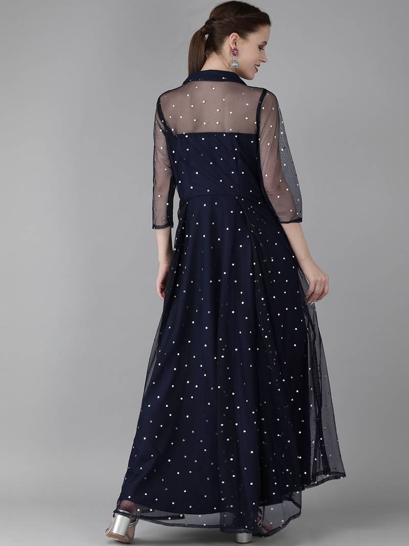 Ahalyaa Navy Blue & Silver Toned Polka Dots Printed Maxi Dress