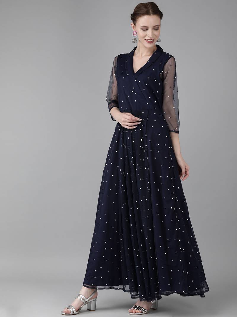 Ahalyaa Navy Blue & Silver Toned Polka Dots Printed Maxi Dress