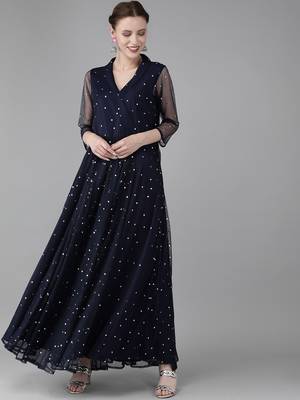 Ahalyaa Navy Blue & Silver Toned Polka Dots Printed Maxi Dress 5