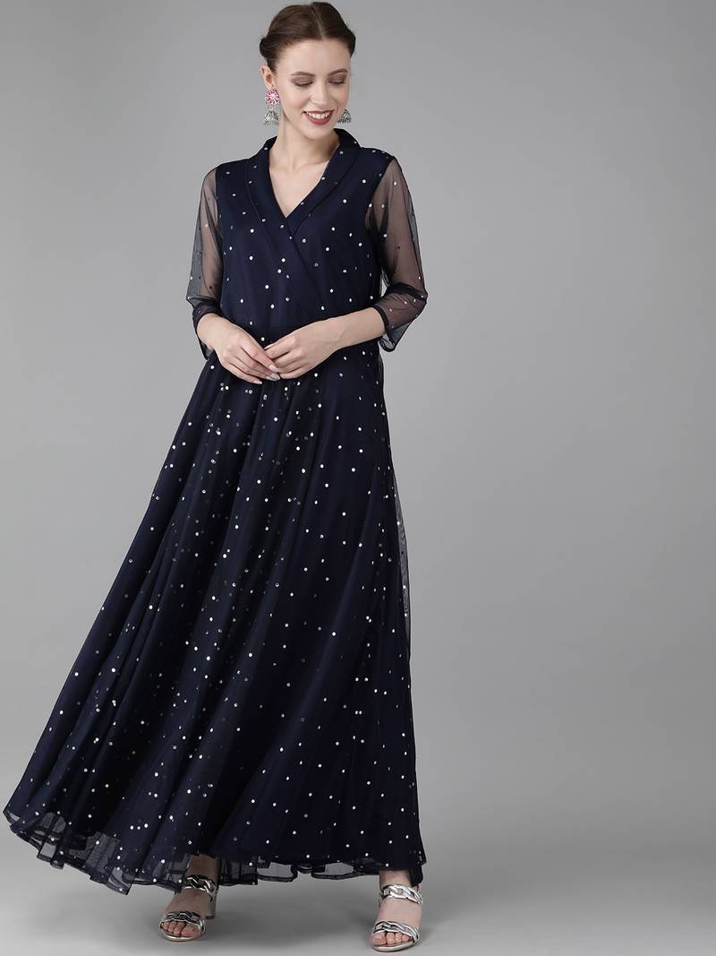 Ahalyaa Navy Blue & Silver Toned Polka Dots Printed Maxi Dress