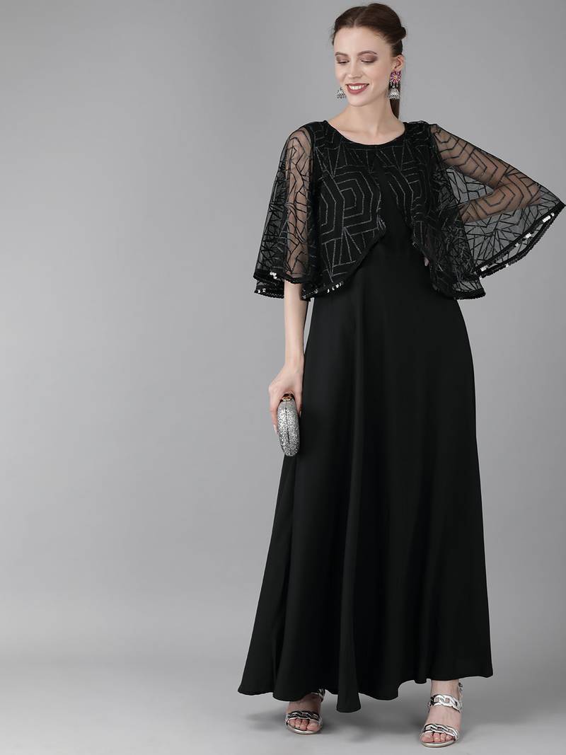Ahalyaa Women Black Solid Maxi Dress With Embellished Detailing