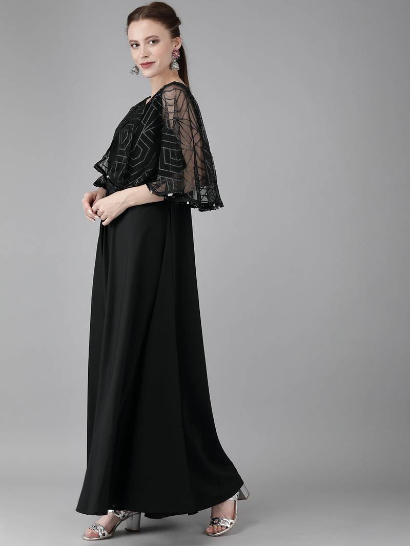 Ahalyaa Women Black Solid Maxi Dress With Embellished Detailing