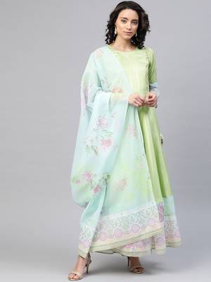 Ahalyaa Women Lime Green & Blue Solid Angrakha Kurta With Screen Printed Dupatta 1