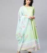 Ahalyaa Women Lime Green & Blue Solid Angrakha Kurta With Screen Printed Dupatta