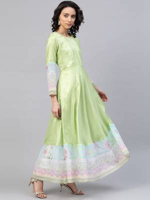 Ahalyaa Women Lime Green & Blue Solid Angrakha Kurta With Screen Printed Dupatta 2