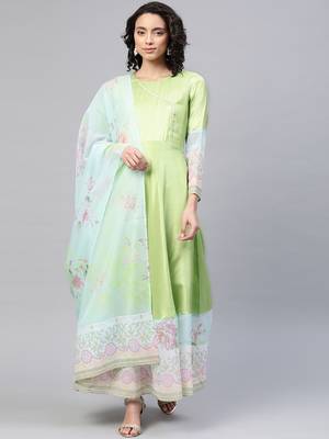 Ahalyaa Women Lime Green & Blue Solid Angrakha Kurta With Screen Printed Dupatta 4