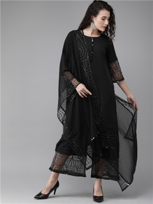 Ahalyaa Women Black Embellished Kurta with Palazzos & Dupatta 1